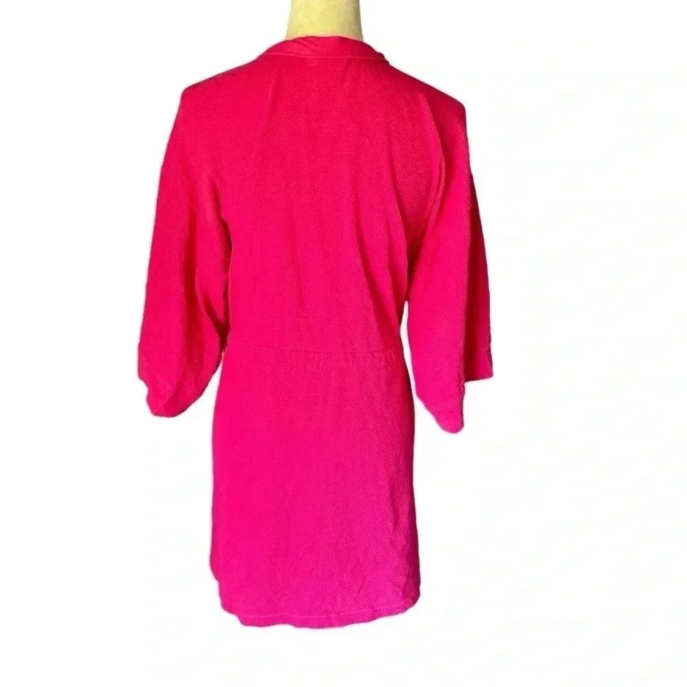 Natori Women Size L Bath Robe Textured Knit Hot Pink Belted Cotton Blend Pockets